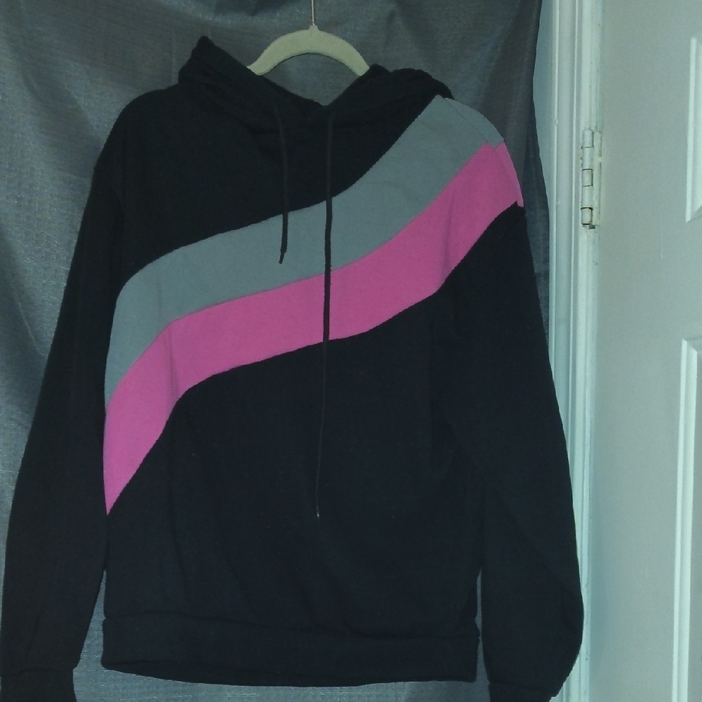 Women's Black Crewneck Sweater with Pink and Gray Wave Stripes